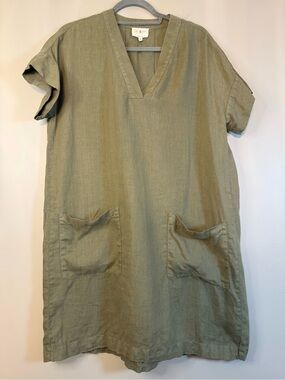 Lou & Grey Olive Green Linen V-Neck Pocket Tunic Linen Dress